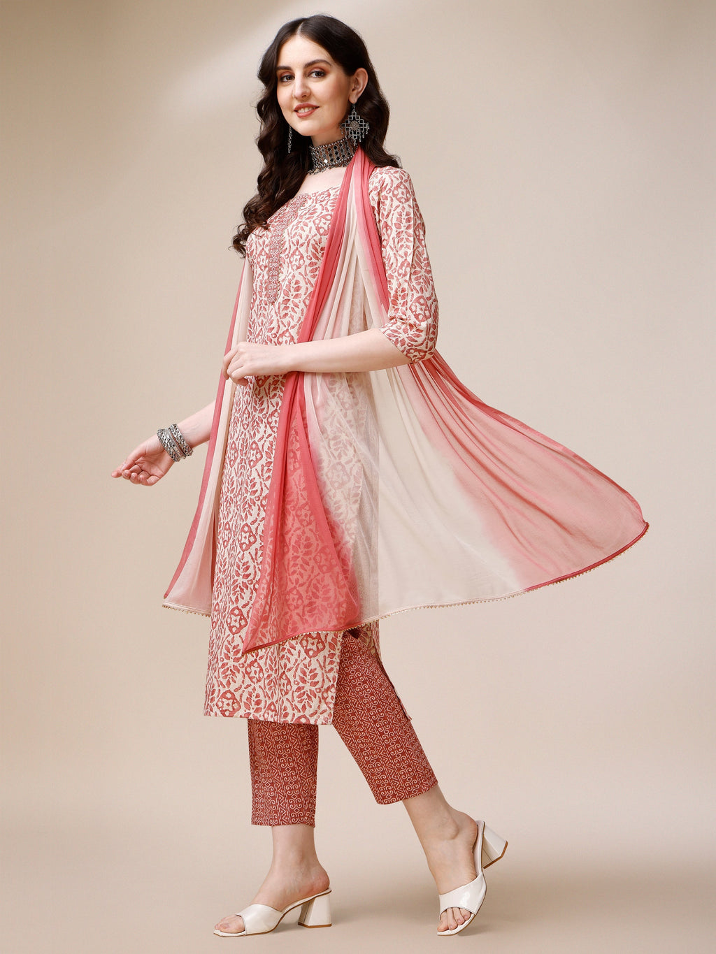 Printed Kurta With Pant And Dupatta Set, Multicolor - Hiral Fashion | Grocsy