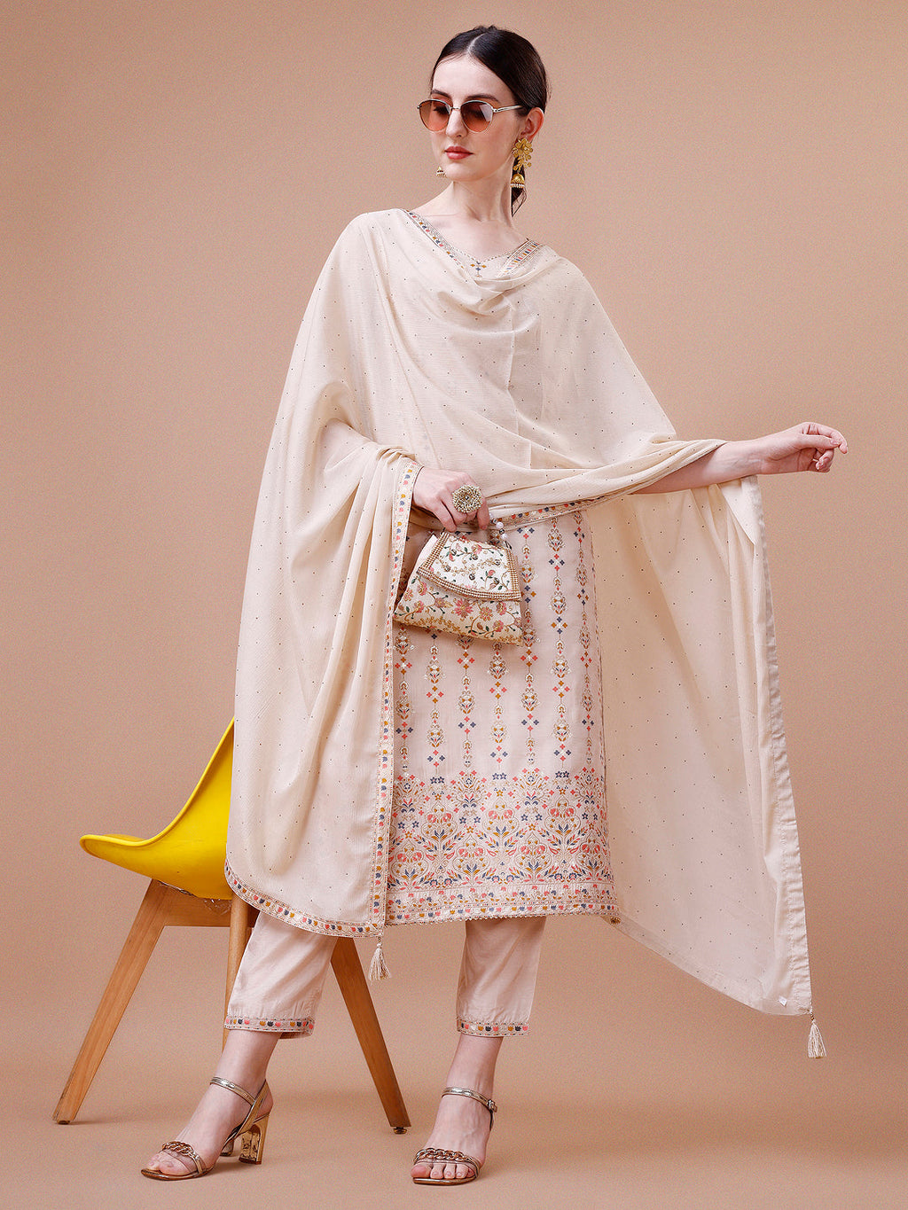 Pure Muslin Banarasi Jacquard Kurta Trousers & Dupatta, Multicolor - Hiral Fashion | Grocsy