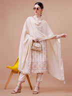 Pure Muslin Banarasi Jacquard Kurta Trousers & Dupatta, Multicolor - Hiral Fashion | Grocsy