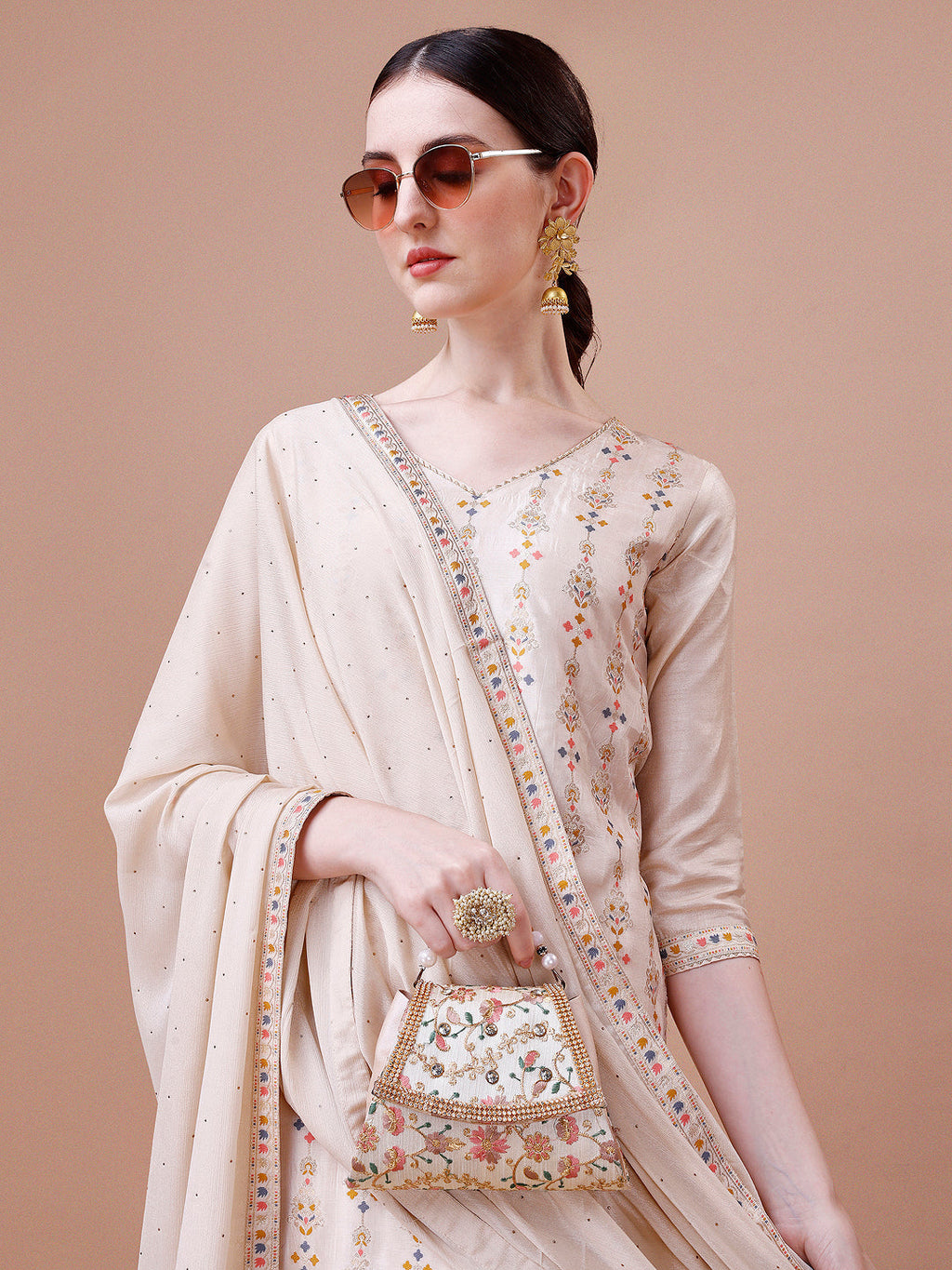 Pure Muslin Banarasi Jacquard Kurta Trousers & Dupatta, Multicolor - Hiral Fashion | Grocsy