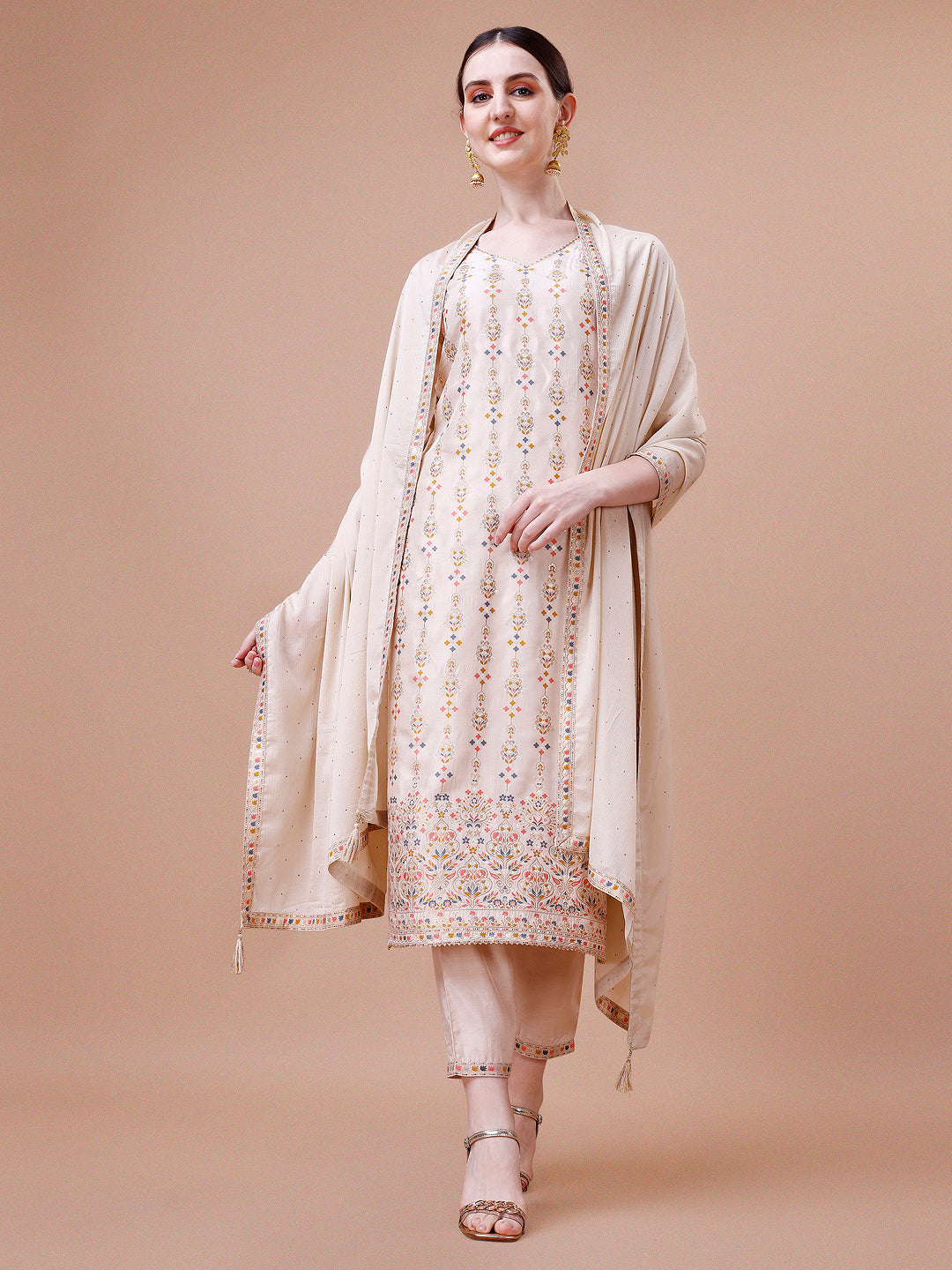 Pure Muslin Banarasi Jacquard Kurta Trousers & Dupatta, Multicolor - Hiral Fashion | Grocsy