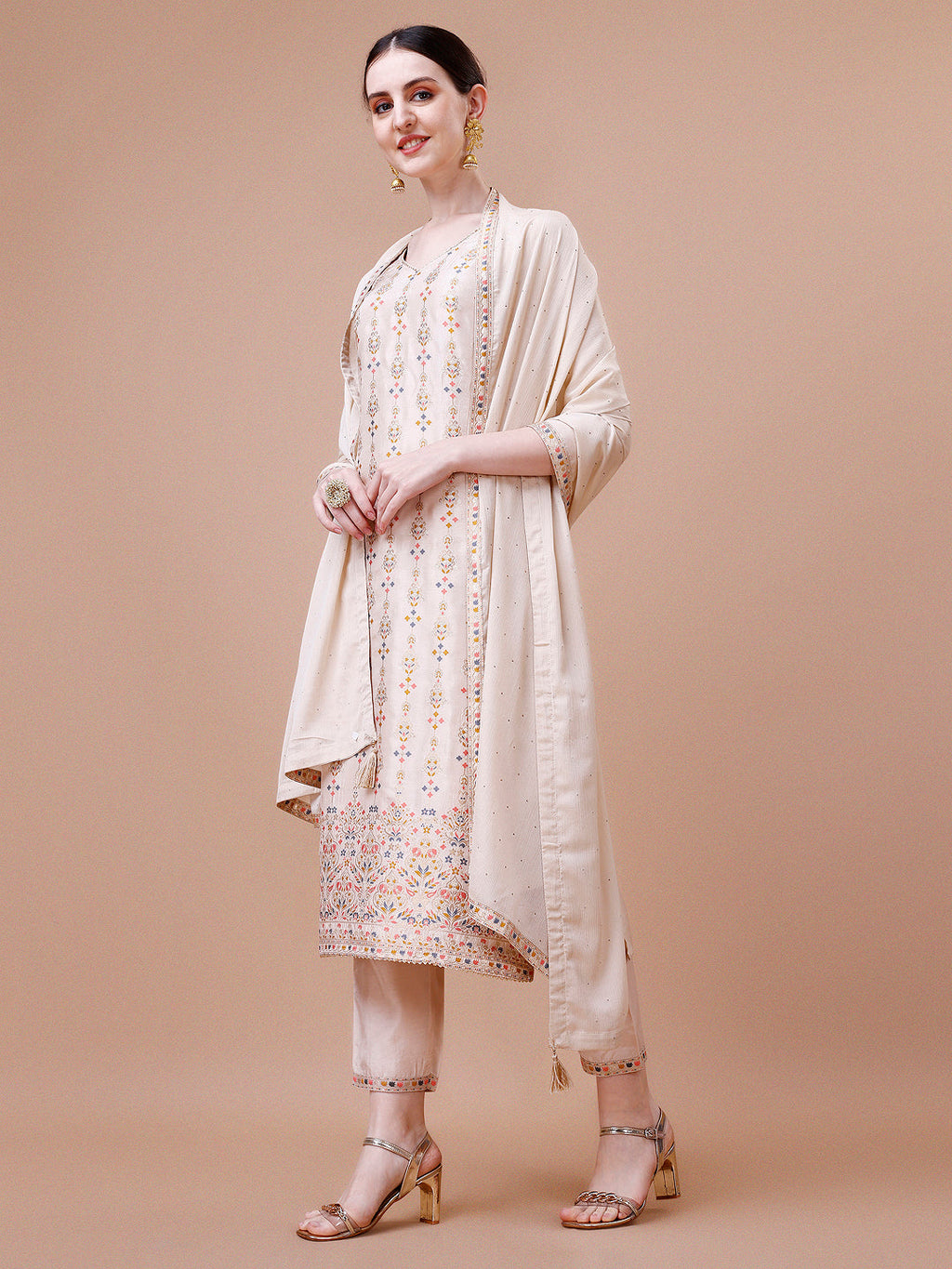 Pure Muslin Banarasi Jacquard Kurta Trousers & Dupatta, Multicolor - Hiral Fashion | Grocsy