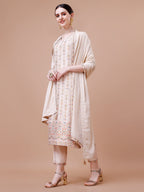 Pure Muslin Banarasi Jacquard Kurta Trousers & Dupatta, Multicolor - Hiral Fashion | Grocsy