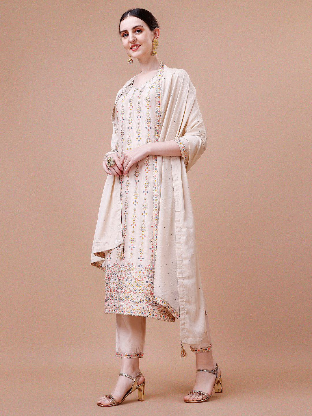 Pure Muslin Banarasi Jacquard Kurta Trousers & Dupatta, Multicolor - Hiral Fashion | Grocsy