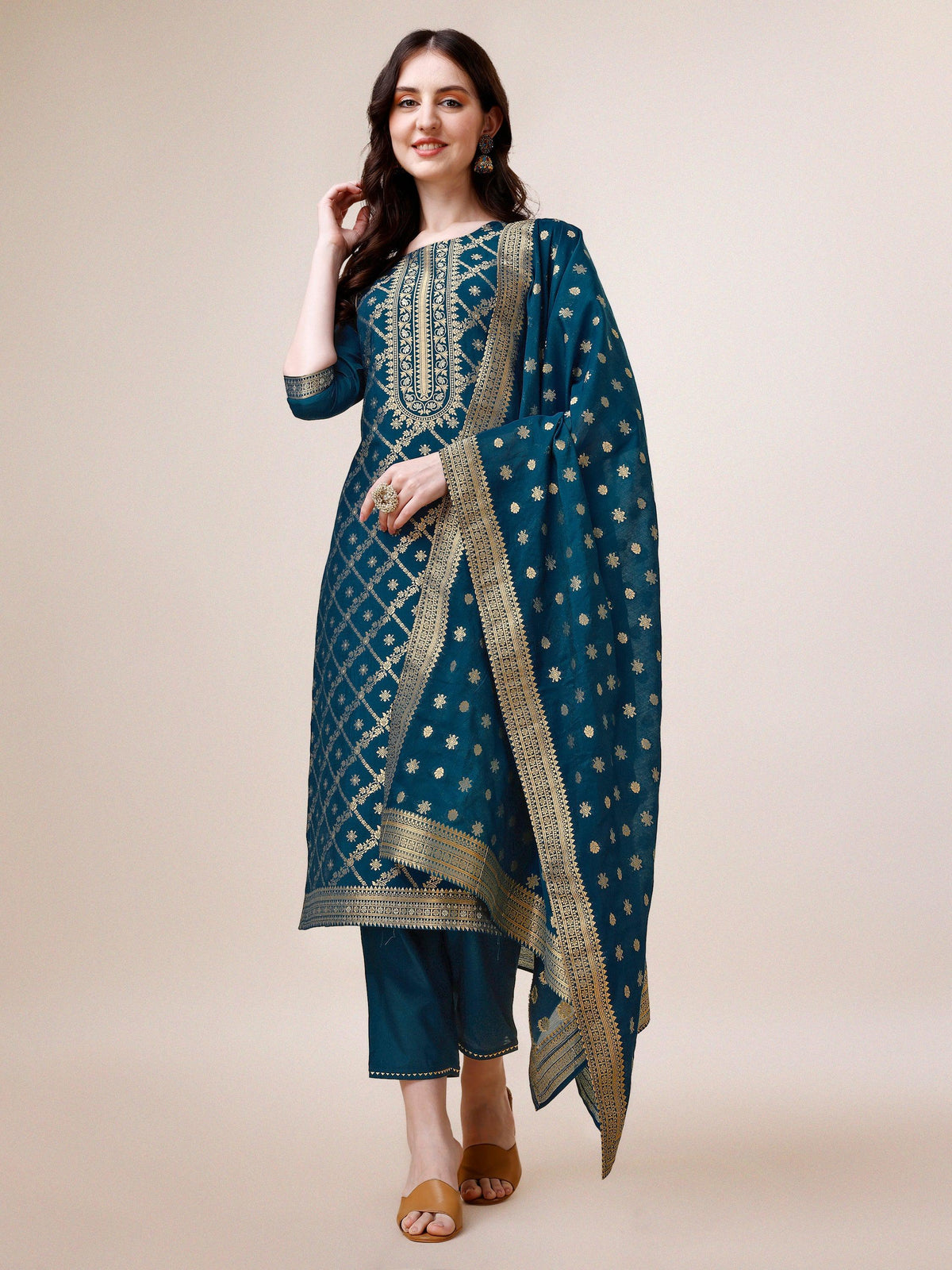 Pure Maslin Jacquard Kurta With Pant And Dupatta Set, Multicolor - Hiral Fashion | Grocsy