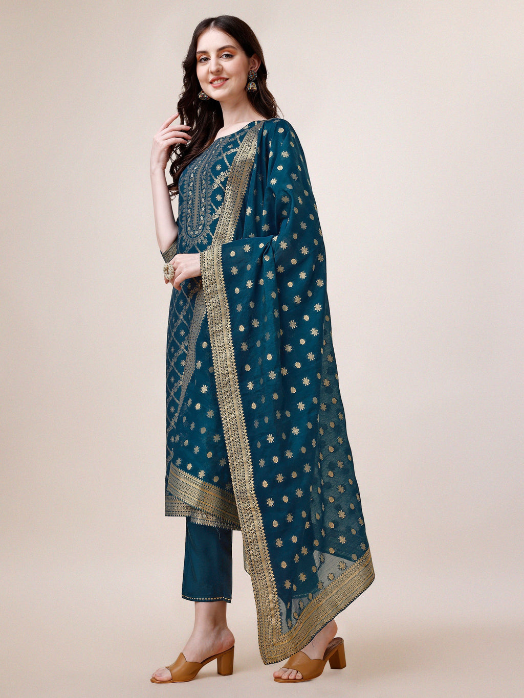 Pure Maslin Jacquard Kurta With Pant And Dupatta Set, Multicolor - Hiral Fashion | Grocsy