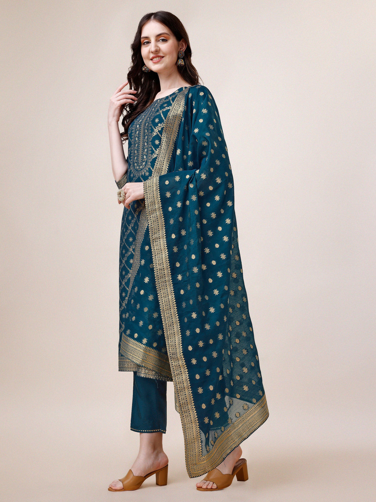 Pure Maslin Jacquard Kurta With Pant And Dupatta Set, Multicolor - Hiral Fashion | Grocsy