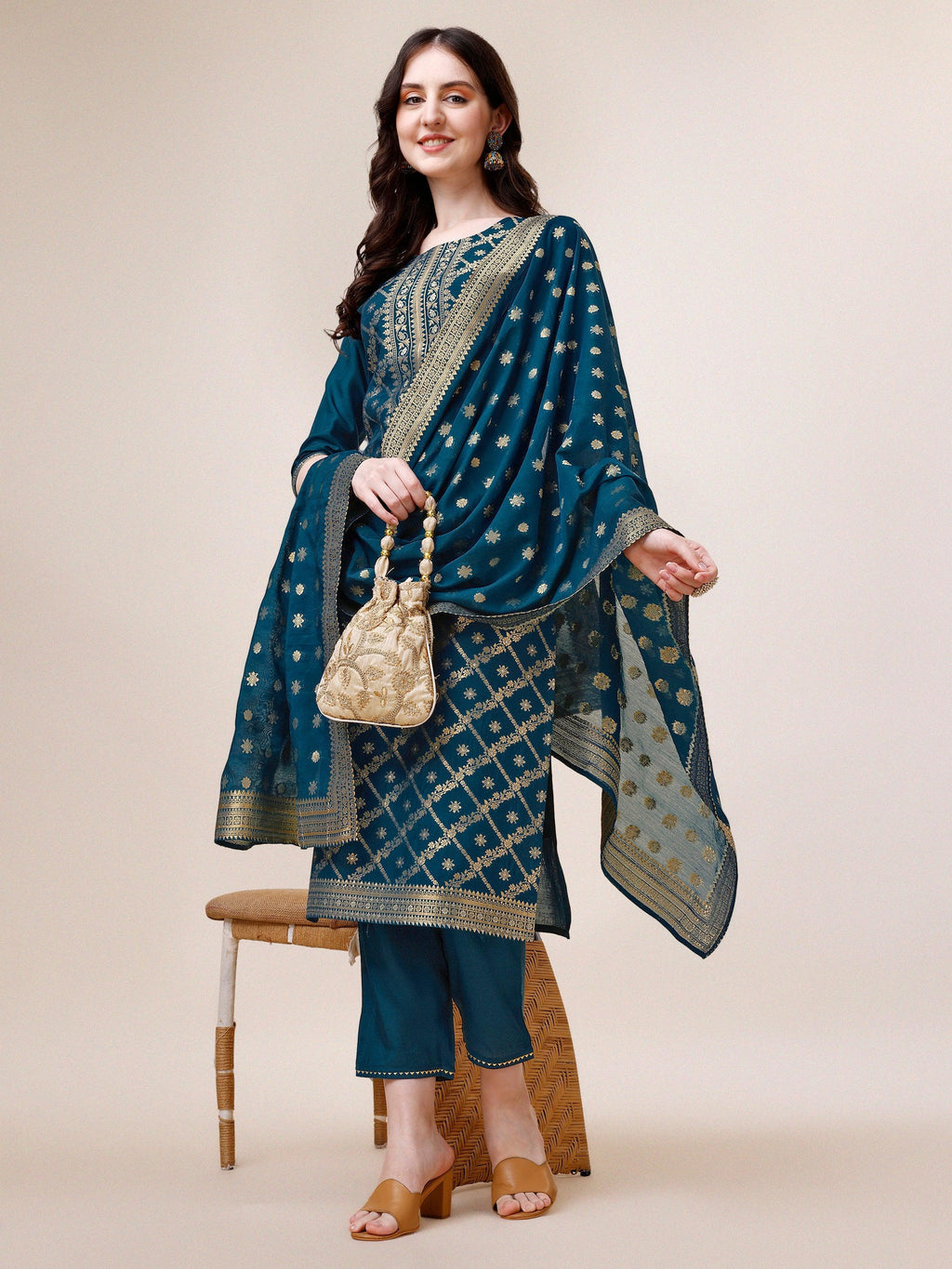Pure Maslin Jacquard Kurta With Pant And Dupatta Set, Multicolor - Hiral Fashion | Grocsy