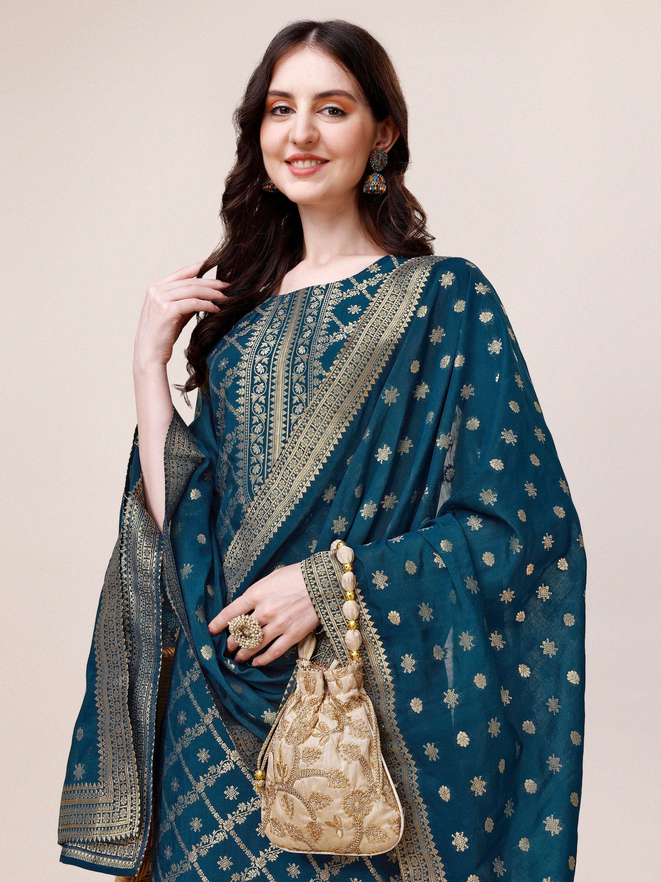 Pure Maslin Jacquard Kurta With Pant And Dupatta Set, Multicolor - Hiral Fashion | Grocsy