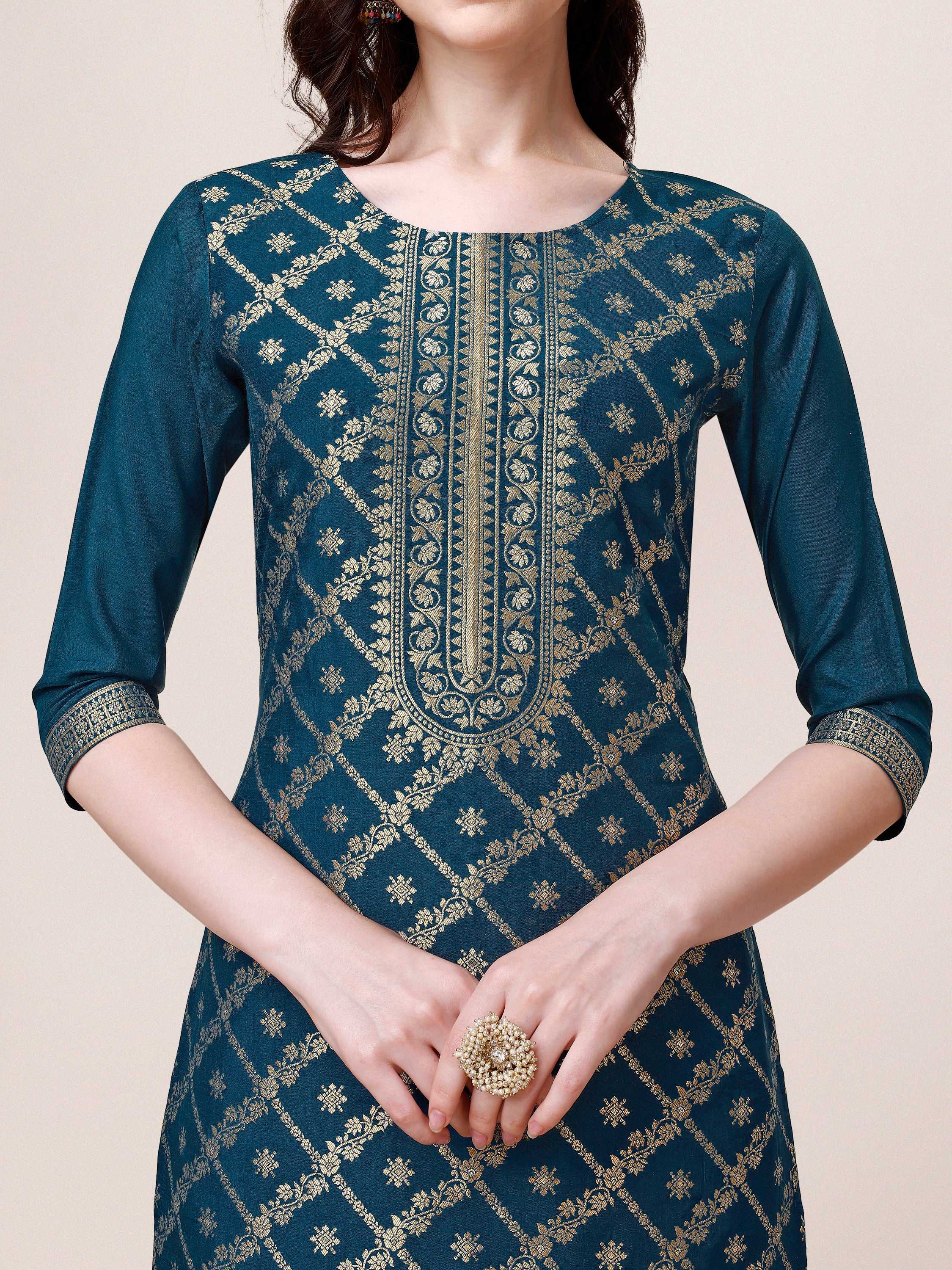 Pure Maslin Jacquard Kurta With Pant And Dupatta Set, Multicolor - Hiral Fashion | Grocsy