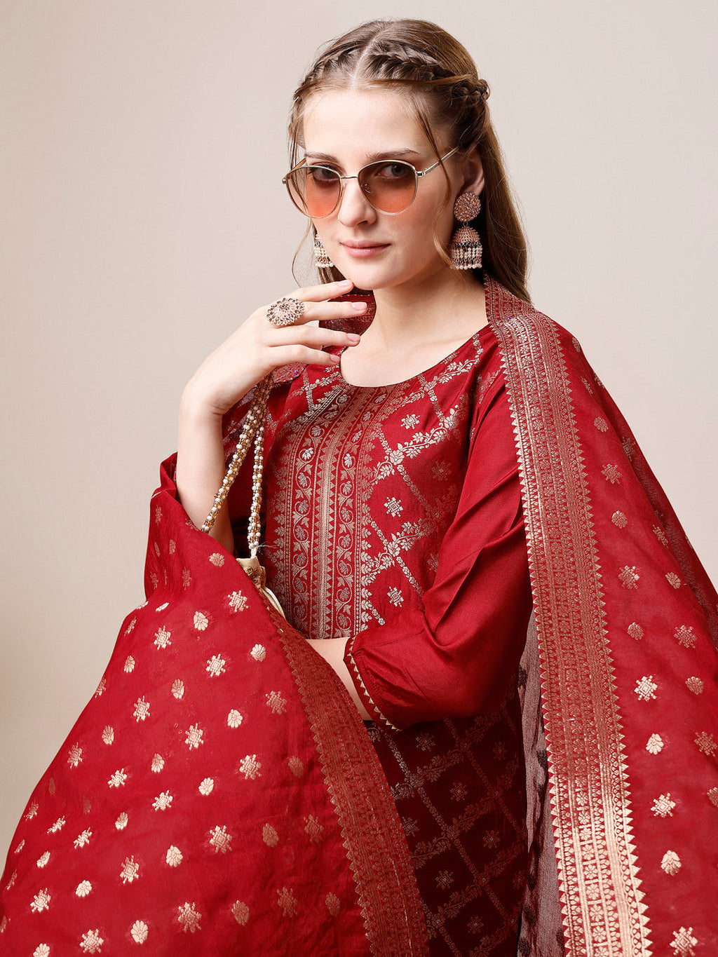 Pure Maslin Jacquard Kurta With Pant And Dupatta Set, Multicolor - Hiral Fashion | Grocsy
