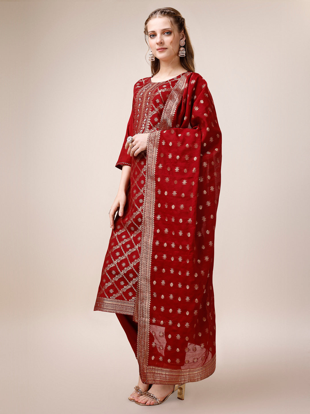 Pure Maslin Jacquard Kurta With Pant And Dupatta Set, Multicolor - Hiral Fashion | Grocsy