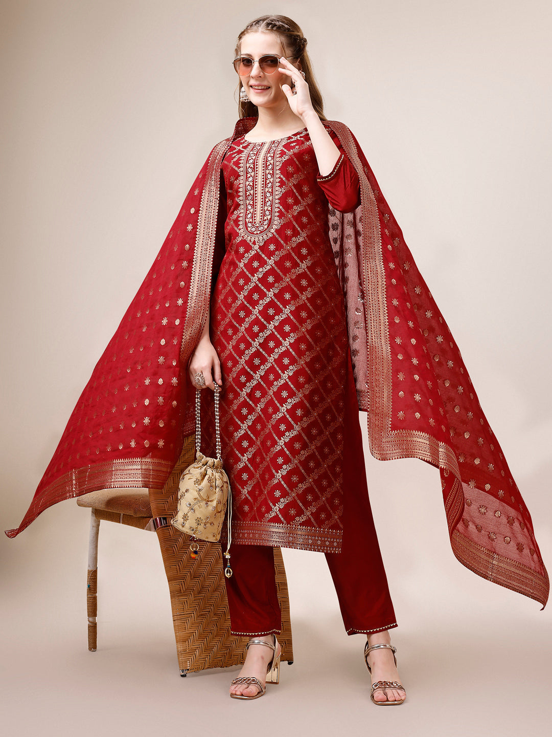 Pure Maslin Jacquard Kurta With Pant And Dupatta Set, Multicolor - Hiral Fashion | Grocsy