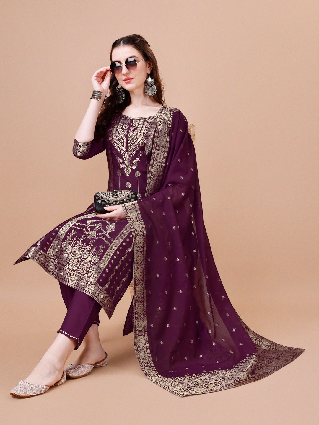 Pure Muslin Banarasi Jacquard Kurta Trousers & Dupatta, Multicolor - Hiral Fashion | Grocsy