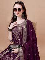 Pure Muslin Banarasi Jacquard Kurta Trousers & Dupatta, Multicolor - Hiral Fashion | Grocsy