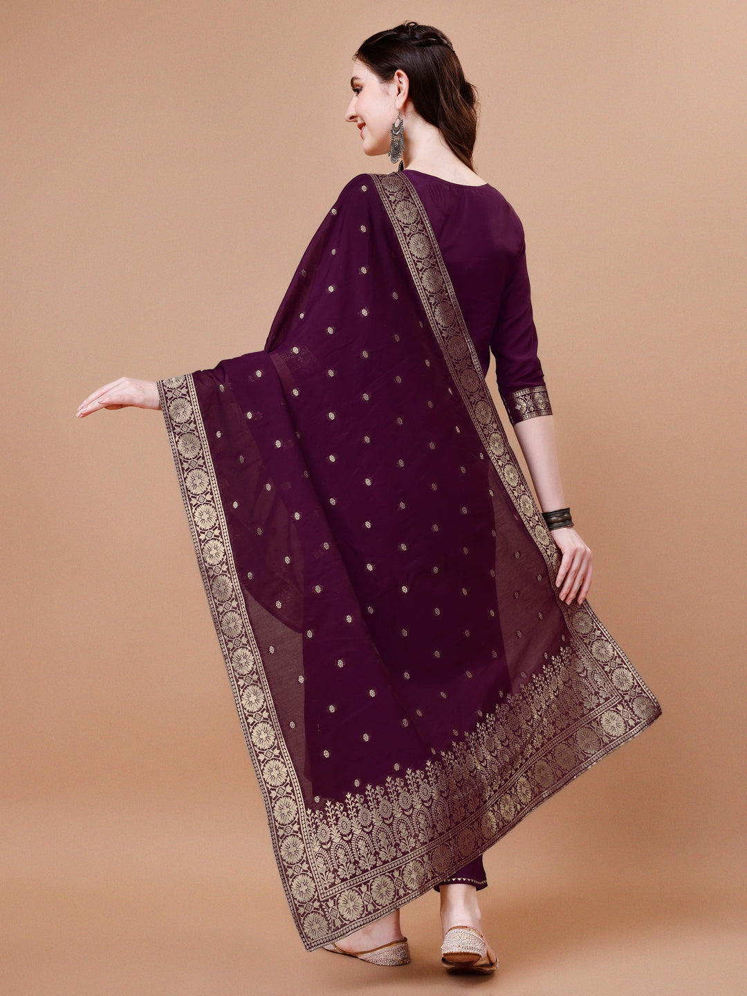 Pure Muslin Banarasi Jacquard Kurta Trousers & Dupatta, Multicolor - Hiral Fashion | Grocsy