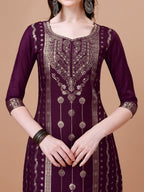 Pure Muslin Banarasi Jacquard Kurta Trousers & Dupatta, Multicolor - Hiral Fashion | Grocsy