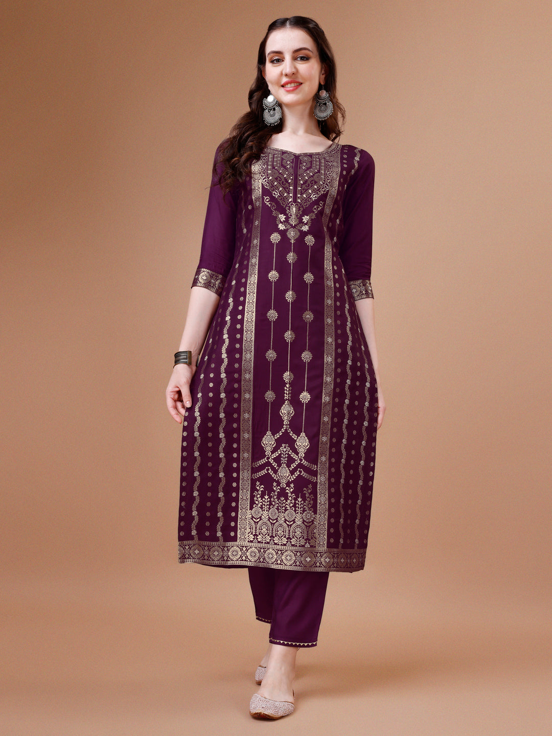 Pure Muslin Banarasi Jacquard Kurta Trousers & Dupatta, Multicolor - Hiral Fashion | Grocsy