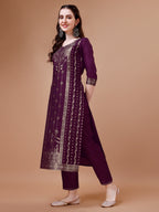 Pure Muslin Banarasi Jacquard Kurta Trousers & Dupatta, Multicolor - Hiral Fashion | Grocsy