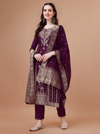 Pure Muslin Banarasi Jacquard Kurta Trousers & Dupatta, Multicolor - Hiral Fashion | Grocsy