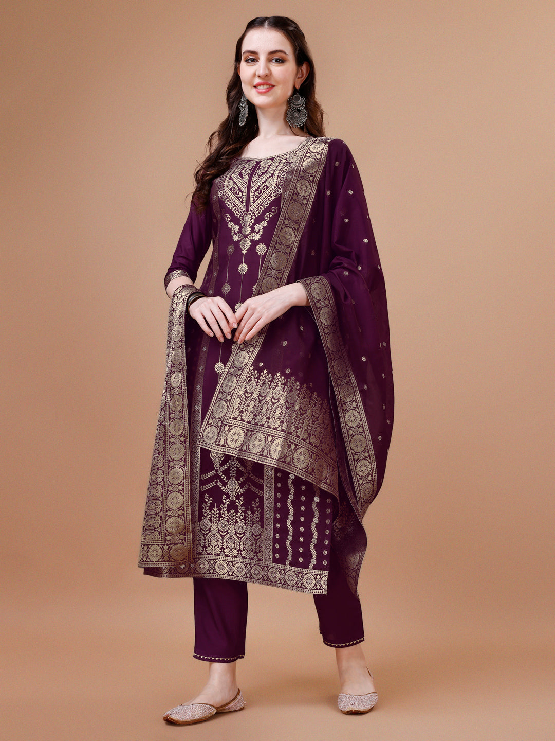 Pure Muslin Banarasi Jacquard Kurta Trousers & Dupatta, Multicolor - Hiral Fashion | Grocsy