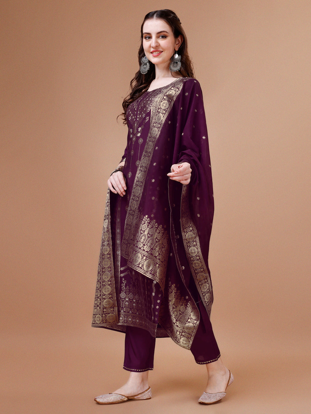 Pure Muslin Banarasi Jacquard Kurta Trousers & Dupatta, Multicolor - Hiral Fashion | Grocsy