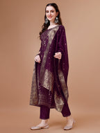 Pure Muslin Banarasi Jacquard Kurta Trousers & Dupatta, Multicolor - Hiral Fashion | Grocsy