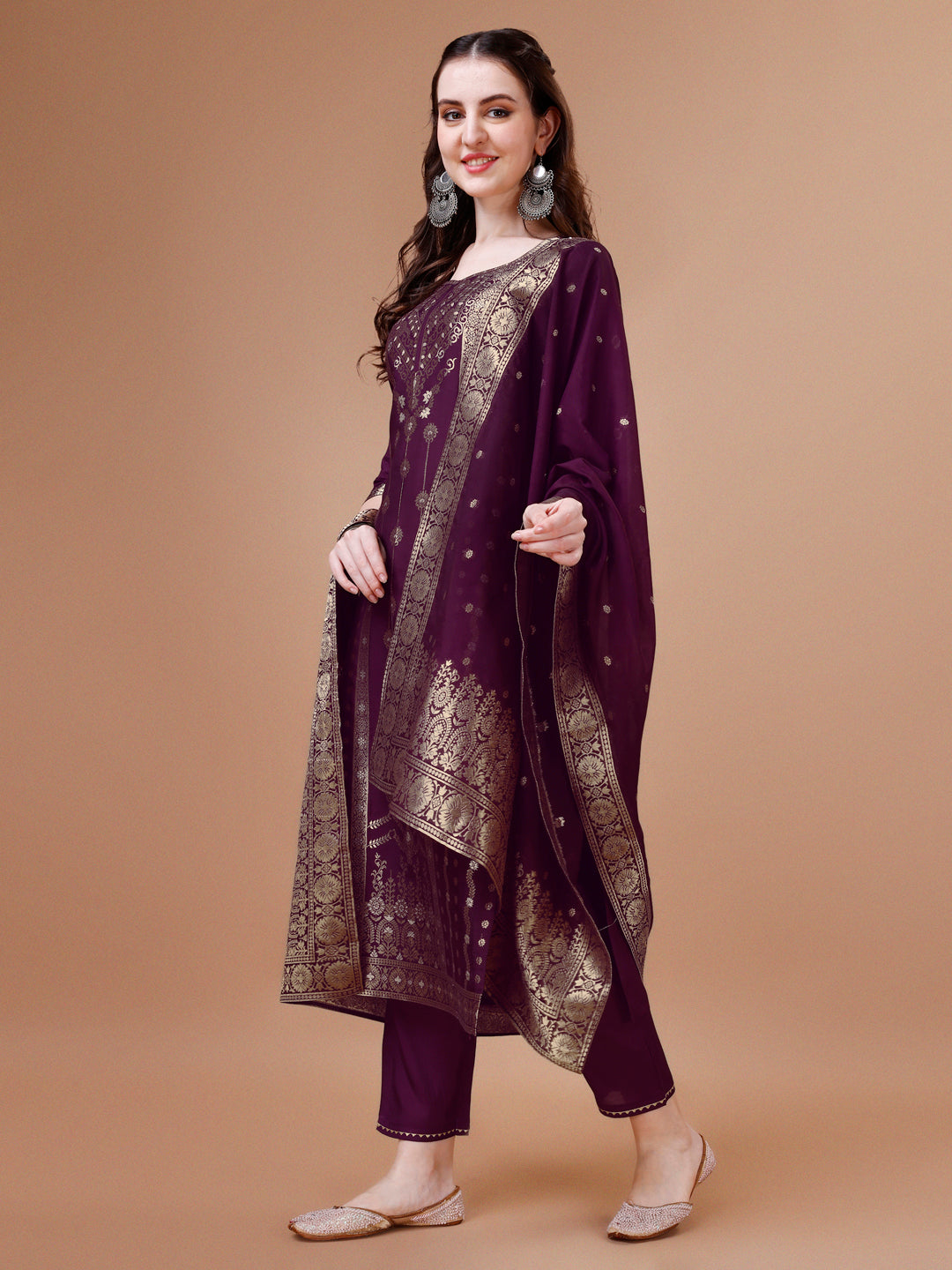 Pure Muslin Banarasi Jacquard Kurta Trousers & Dupatta, Multicolor - Hiral Fashion | Grocsy
