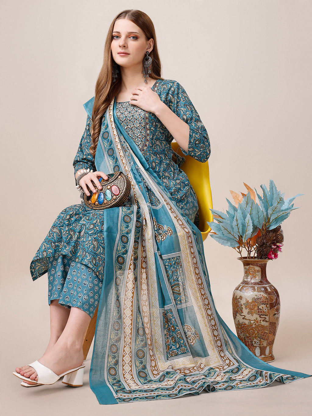 Embroidered & Paisley Printed Cotton Kurta With Pant & Dupatta, Multicolor - Hiral Fashion | Grocsy