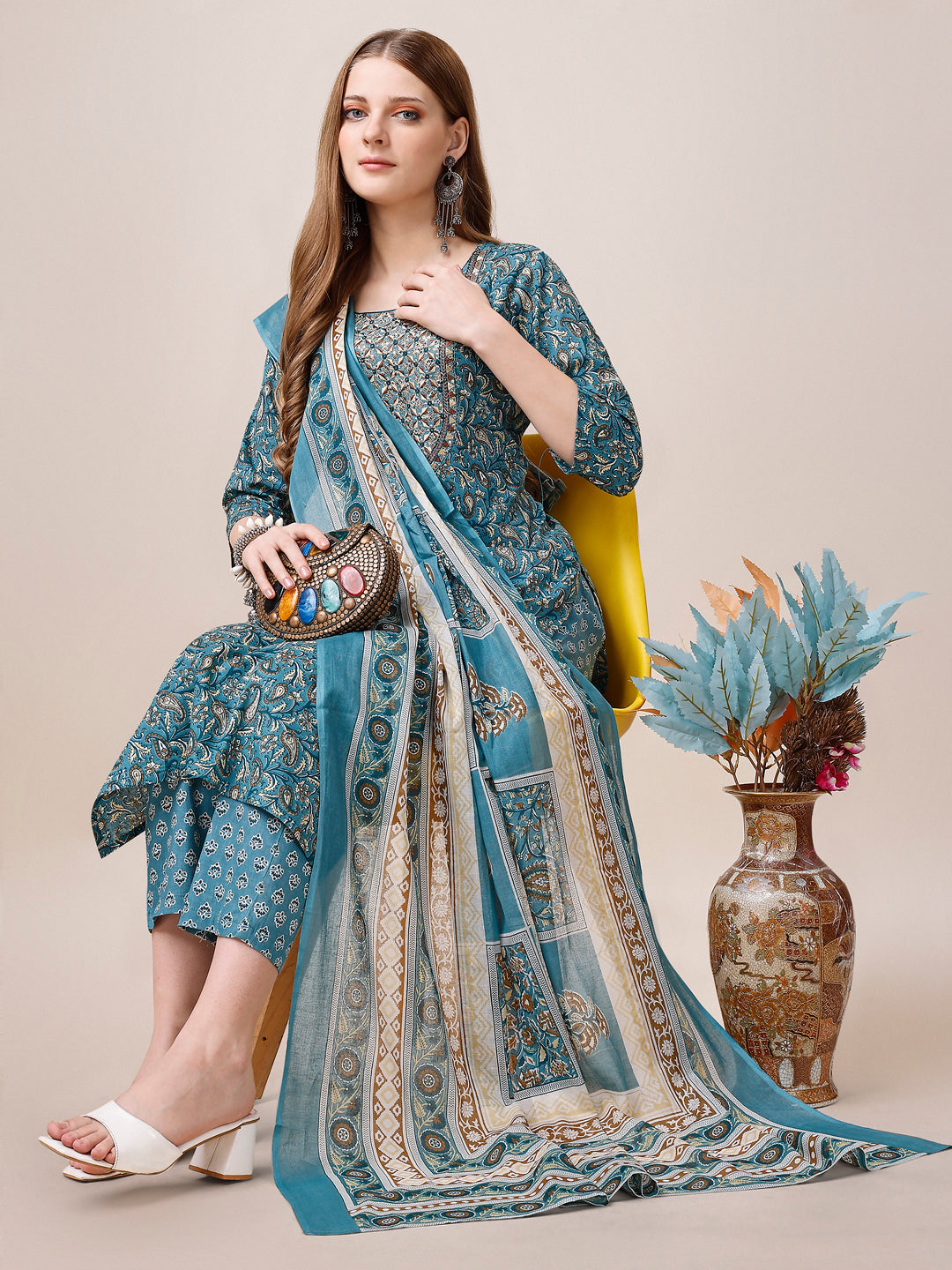 Embroidered & Paisley Printed Cotton Kurta With Pant & Dupatta, Multicolor - Hiral Fashion | Grocsy