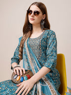 Embroidered & Paisley Printed Cotton Kurta With Pant & Dupatta, Multicolor - Hiral Fashion | Grocsy