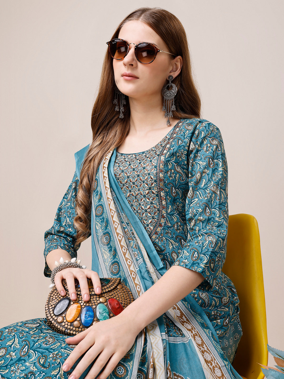Embroidered & Paisley Printed Cotton Kurta With Pant & Dupatta, Multicolor - Hiral Fashion | Grocsy