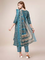 Embroidered & Paisley Printed Cotton Kurta With Pant & Dupatta, Multicolor - Hiral Fashion | Grocsy