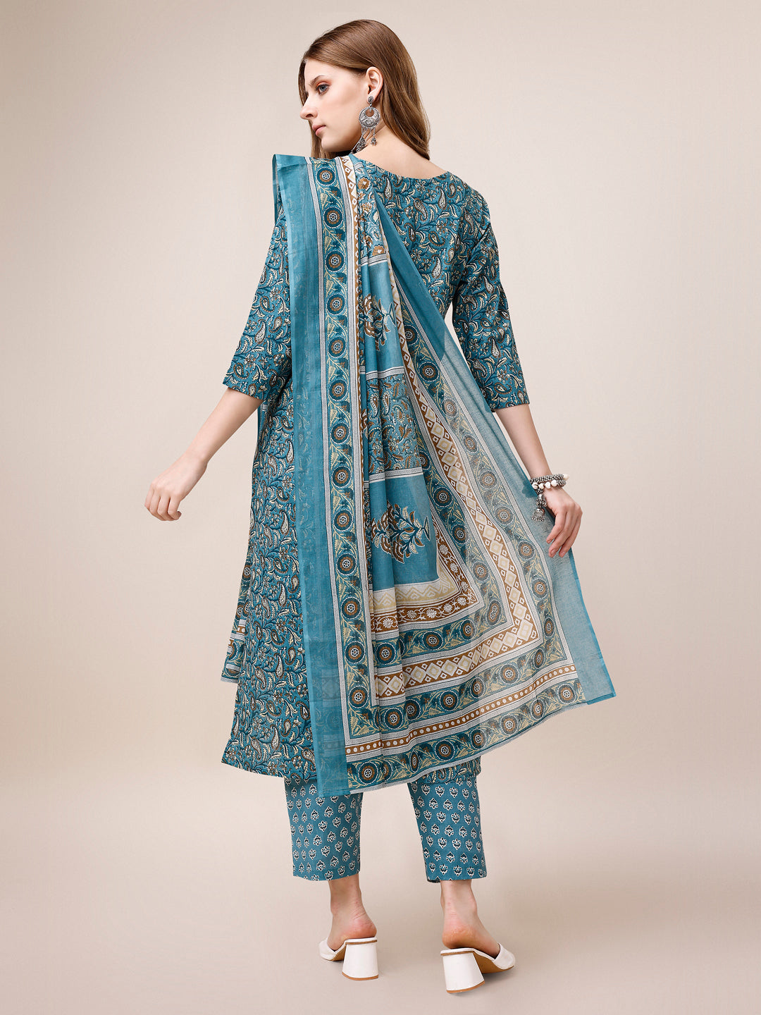 Embroidered & Paisley Printed Cotton Kurta With Pant & Dupatta, Multicolor - Hiral Fashion | Grocsy
