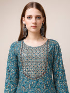 Embroidered & Paisley Printed Cotton Kurta With Pant & Dupatta, Multicolor - Hiral Fashion | Grocsy