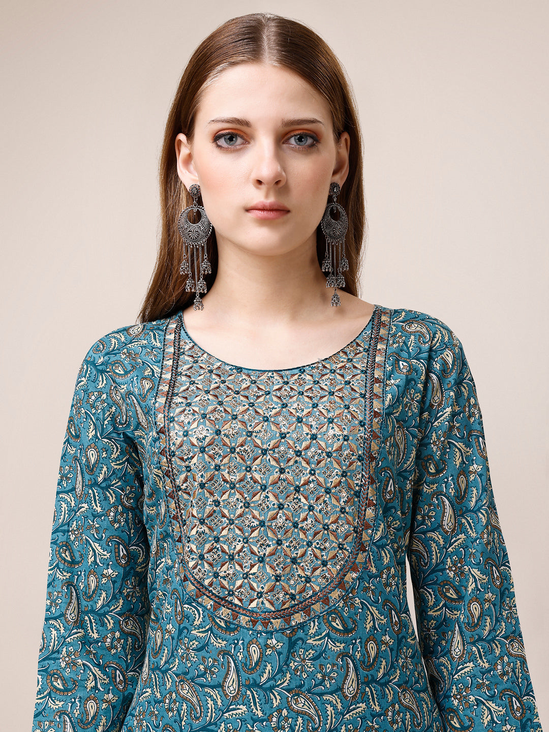 Embroidered & Paisley Printed Cotton Kurta With Pant & Dupatta, Multicolor - Hiral Fashion | Grocsy