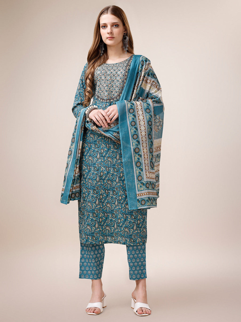 Embroidered & Paisley Printed Cotton Kurta With Pant & Dupatta, Multicolor - Hiral Fashion | Grocsy