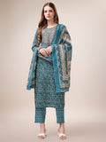 Embroidered & Paisley Printed Cotton Kurta With Pant & Dupatta, Multicolor - Hiral Fashion | Grocsy