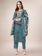 Embroidered & Paisley Printed Cotton Kurta With Pant & Dupatta, Multicolor - Hiral Fashion | Grocsy