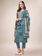 Embroidered & Paisley Printed Cotton Kurta With Pant & Dupatta, Multicolor - Hiral Fashion | Grocsy