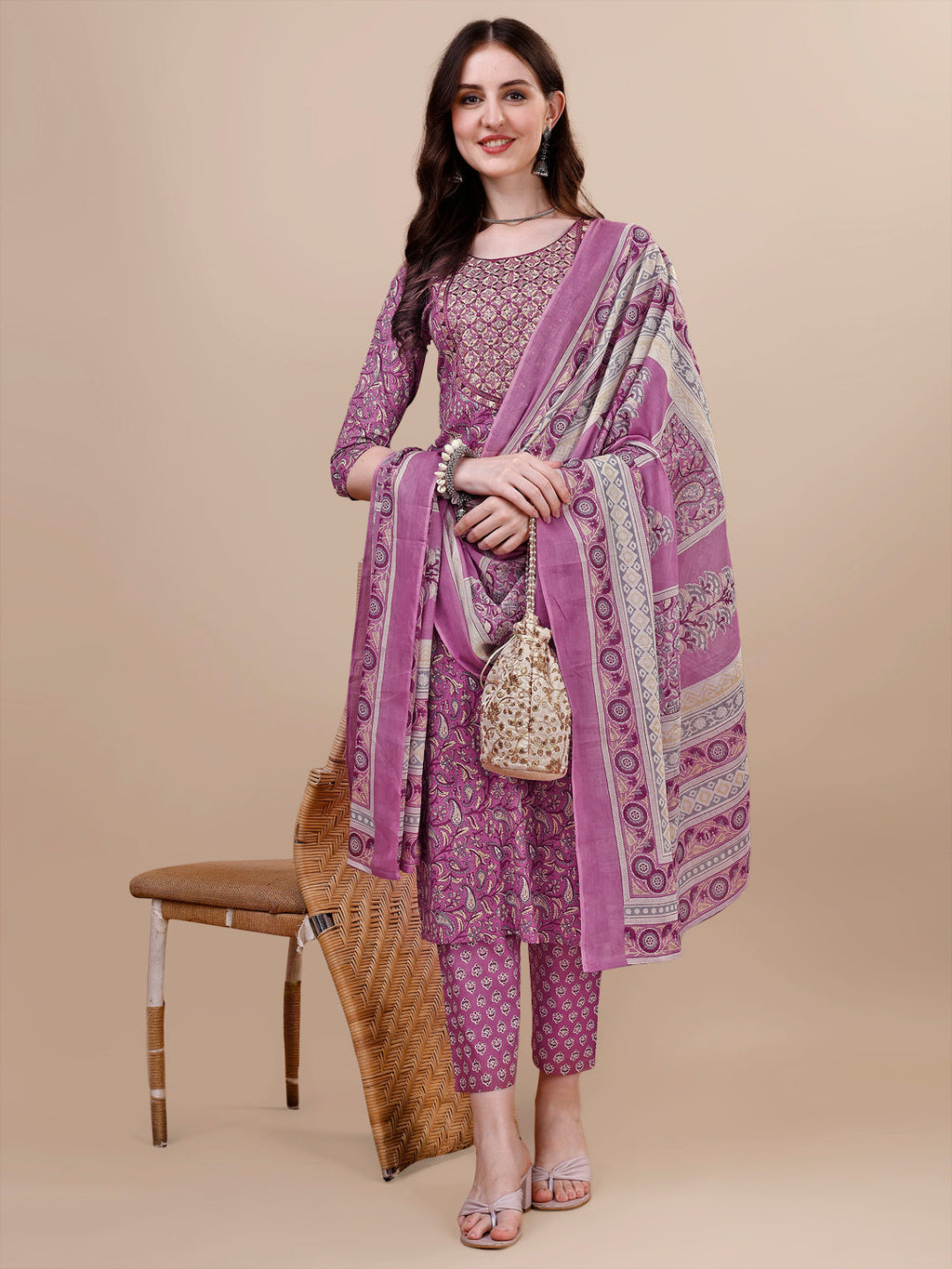 Printed & Embroidered Kurta With Pant & Dupatta Set, Multicolor - Hiral Fashion | Grocsy