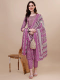 Printed & Embroidered Kurta With Pant & Dupatta Set, Multicolor - Hiral Fashion | Grocsy