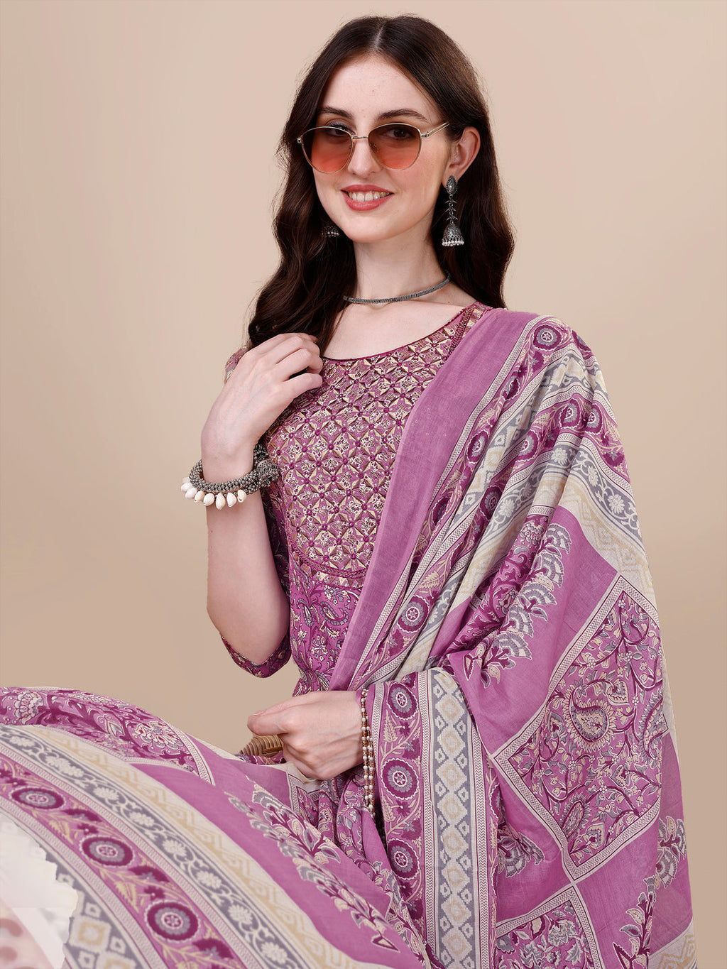 Printed & Embroidered Kurta With Pant & Dupatta Set, Multicolor - Hiral Fashion | Grocsy