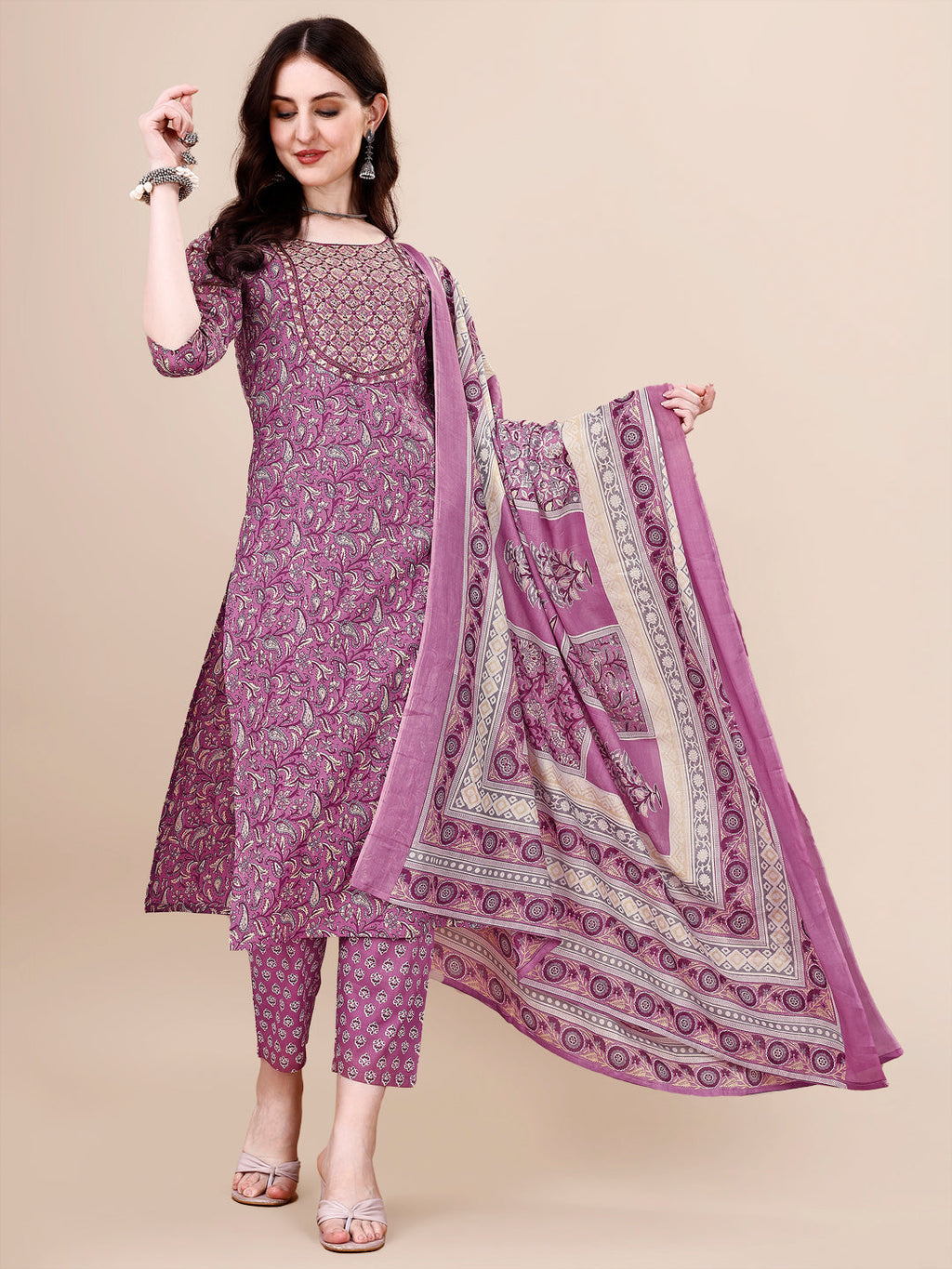 Printed & Embroidered Kurta With Pant & Dupatta Set, Multicolor - Hiral Fashion | Grocsy