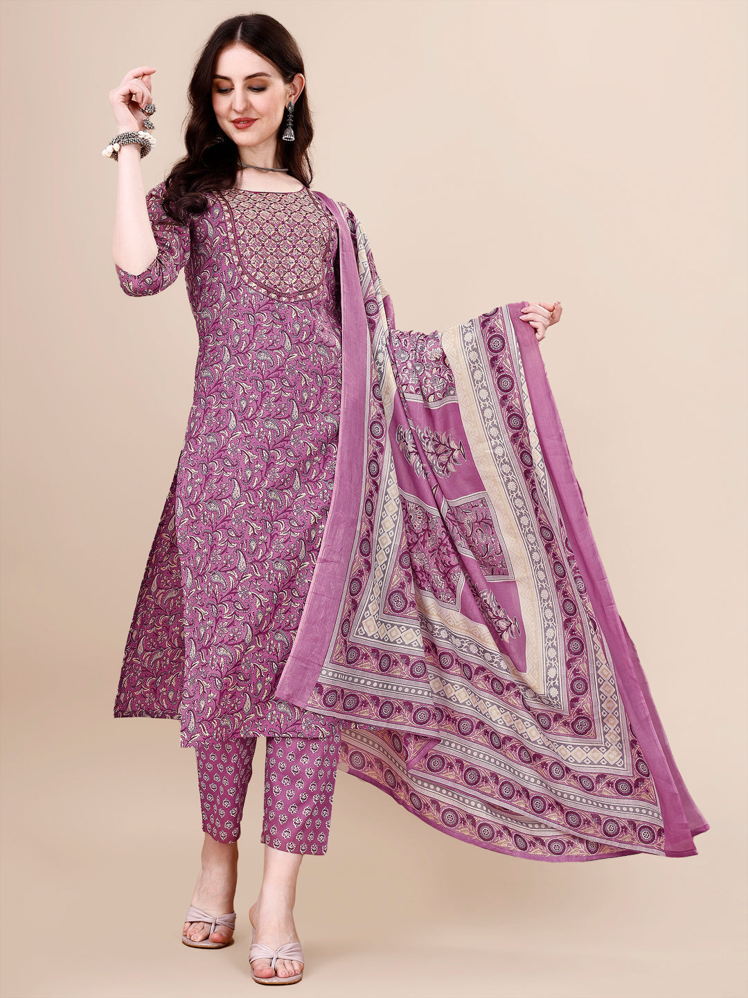 Printed & Embroidered Kurta With Pant & Dupatta Set, Multicolor - Hiral Fashion | Grocsy
