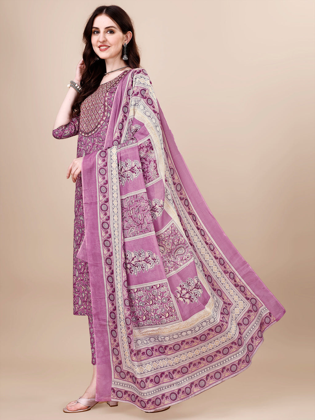 Printed & Embroidered Kurta With Pant & Dupatta Set, Multicolor - Hiral Fashion | Grocsy
