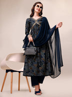 Alia Cut Printed & Embroidered Kurta With Pant & Dupatta Set, Multicolor - Hiral Fashion | Grocsy