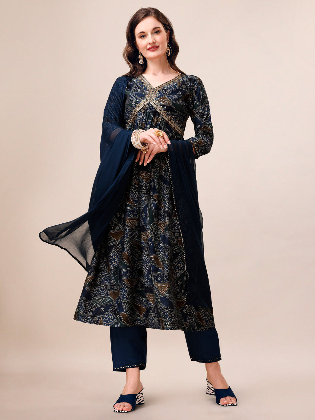 Alia Cut Printed & Embroidered Kurta With Pant & Dupatta Set, Multicolor - Hiral Fashion | Grocsy