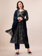 Alia Cut Printed & Embroidered Kurta With Pant & Dupatta Set, Multicolor - Hiral Fashion | Grocsy