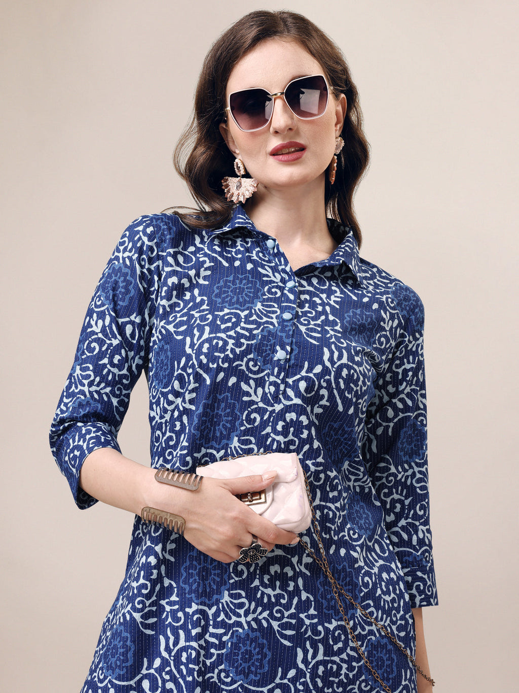 Printed Collar Kurta With Pant Co-Ordset, Multicolor - Hiral Fashion | Grocsy